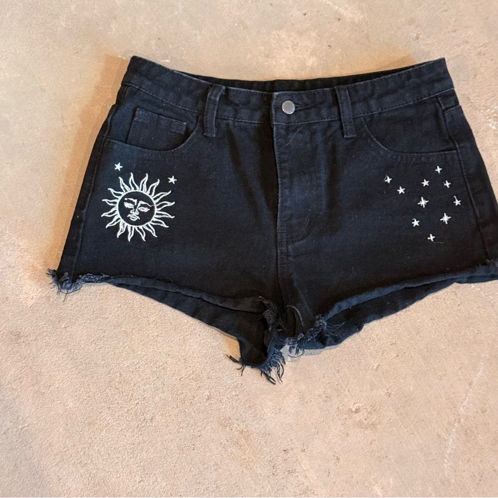 SHEIN Black Jean Shorts with Celestial Embroidery